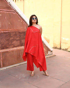 Tiana Red Off Shoulder Kaftaan-Pant Set