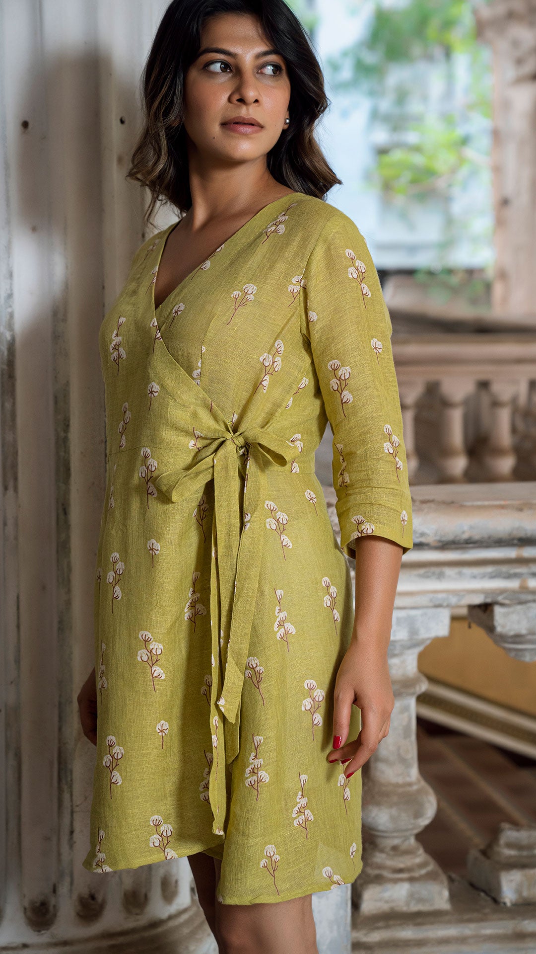 CARDAMOM LINEN WRAP DRESS