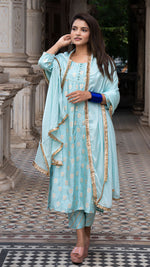 Load image into Gallery viewer, AARYAH POWDER BLUE KURTA SET IN SILK (Kurta + Pants + Dupatta)
