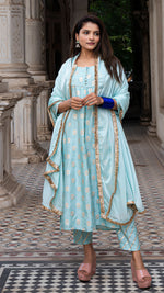 Load image into Gallery viewer, AARYAH POWDER BLUE KURTA SET IN SILK (Kurta + Pants + Dupatta)
