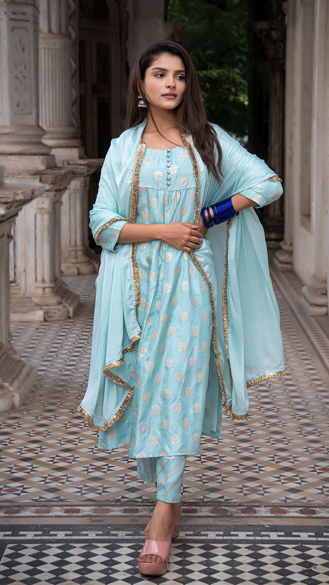 AARYAH POWDER BLUE KURTA SET IN SILK (Kurta + Pants + Dupatta)