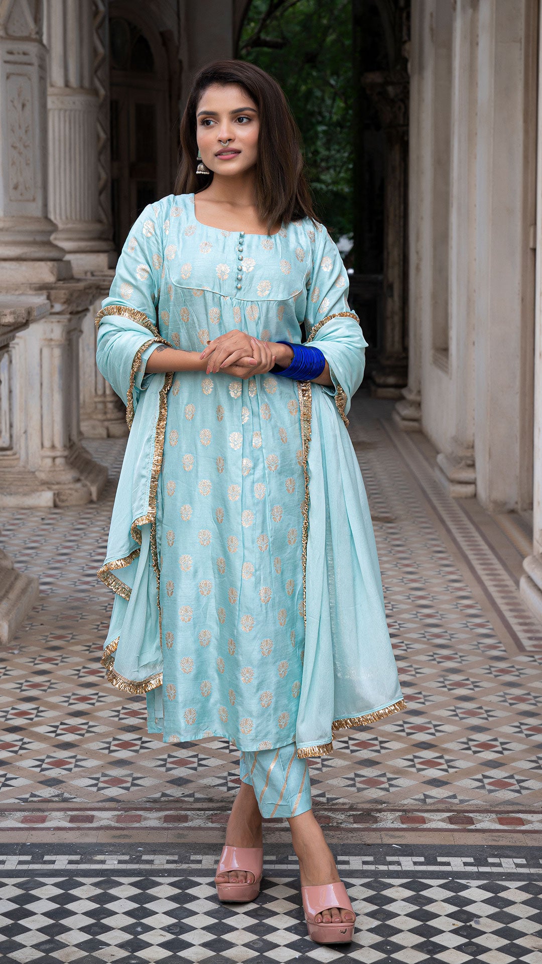 AARYAH POWDER BLUE KURTA SET IN SILK (Kurta + Pants + Dupatta)