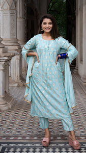 AARYAH POWDER BLUE KURTA SET IN SILK (Kurta + Pants + Dupatta)