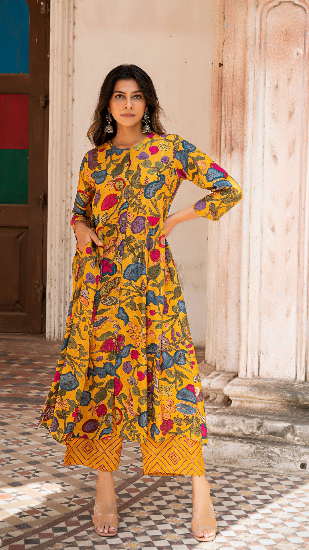 AISHA KALAMKARI KURTA SET - MUSTARD YELLOW