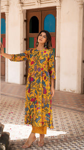 AISHA KALAMKARI KURTA SET - MUSTARD YELLOW