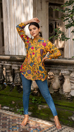 Load image into Gallery viewer, MIHIKA KALAMKARI SHORT TOP IN SOFT SILK - MUSTARD YELLOW
