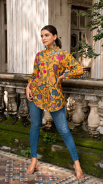 Load image into Gallery viewer, MIHIKA KALAMKARI SHORT TOP IN SOFT SILK - MUSTARD YELLOW
