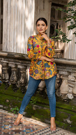 Load image into Gallery viewer, MIHIKA KALAMKARI SHORT TOP IN SOFT SILK - MUSTARD YELLOW
