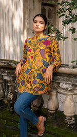 Load image into Gallery viewer, MIHIKA KALAMKARI SHORT TOP IN SOFT SILK - MUSTARD YELLOW
