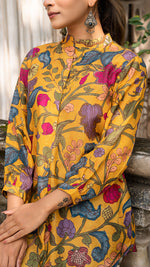 Load image into Gallery viewer, MIHIKA KALAMKARI SHORT TOP IN SOFT SILK - MUSTARD YELLOW
