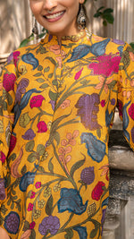 Load image into Gallery viewer, MIHIKA KALAMKARI SHORT TOP IN SOFT SILK - MUSTARD YELLOW
