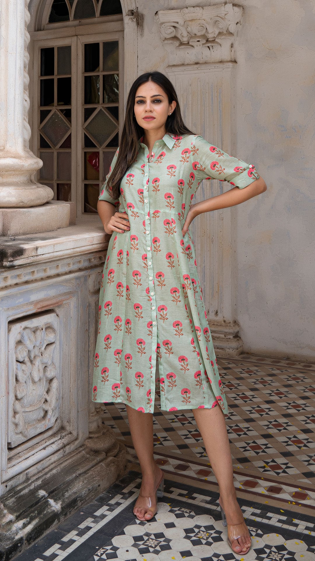 AANYA COTTON SILK DRESS - POWDER GREEN