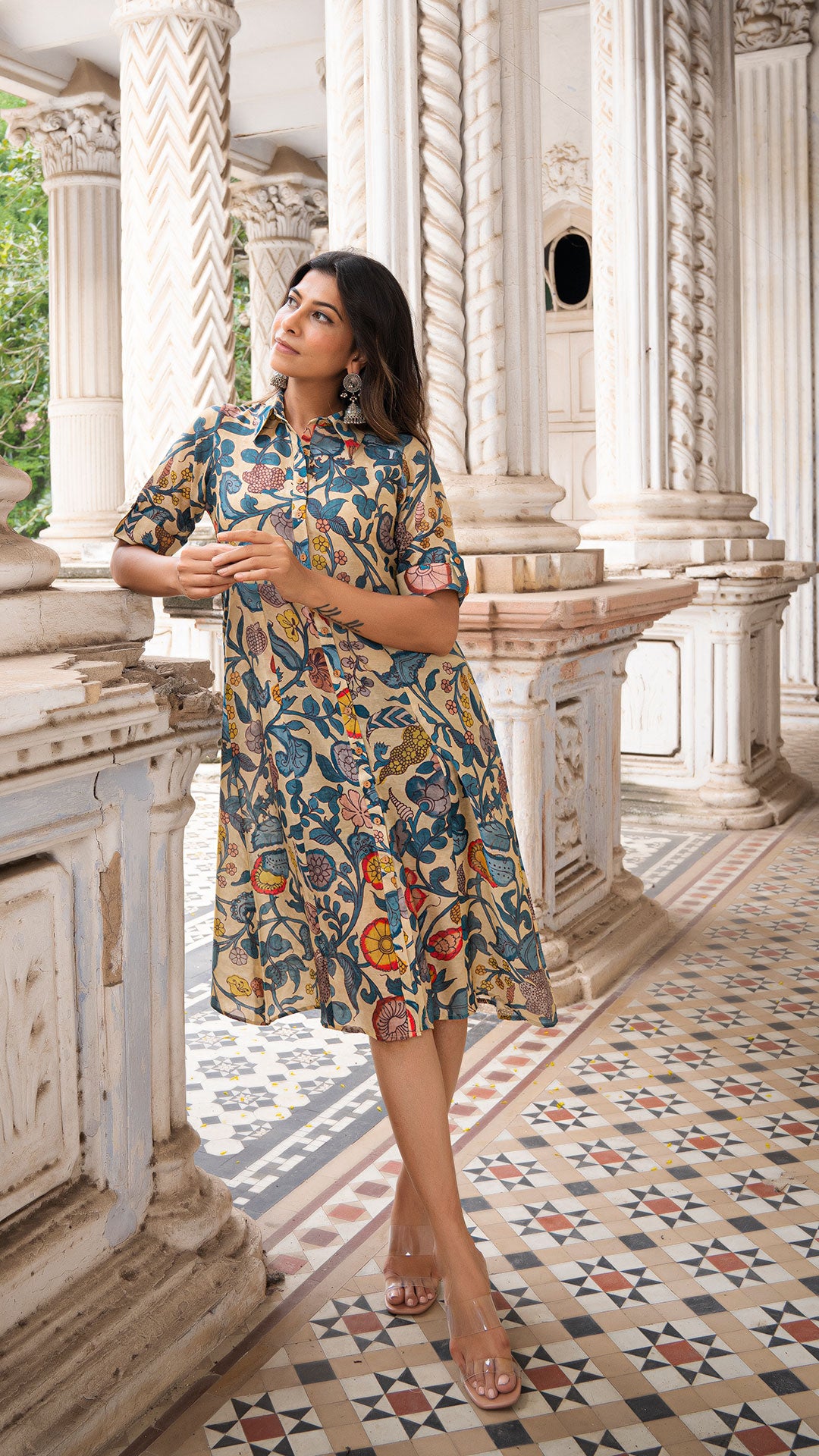 AAROHI KALAMKARI COTTON SILK DRESS - OFF WHITE