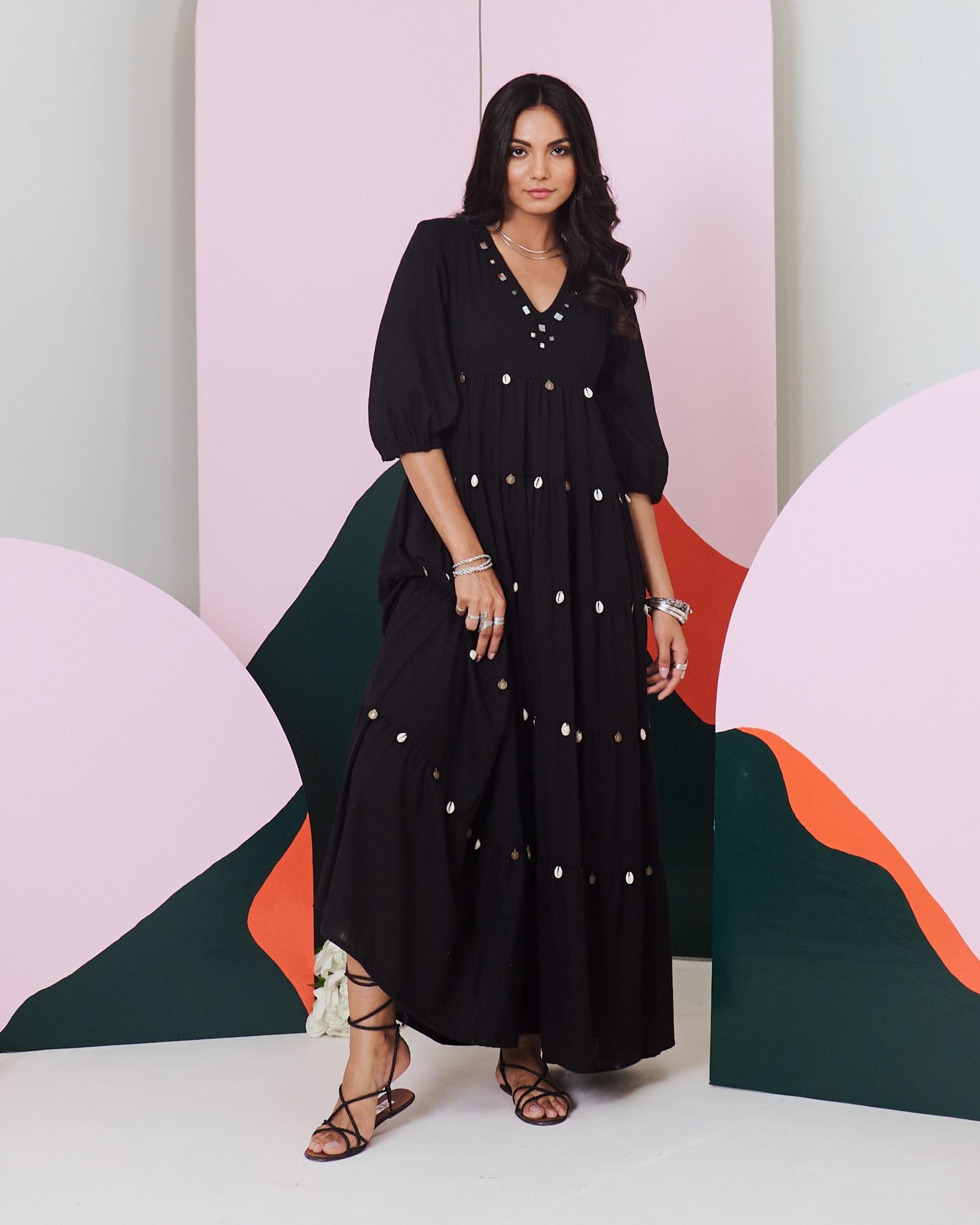 Piku Black Mirror Embroidered Tier Maxi Dress