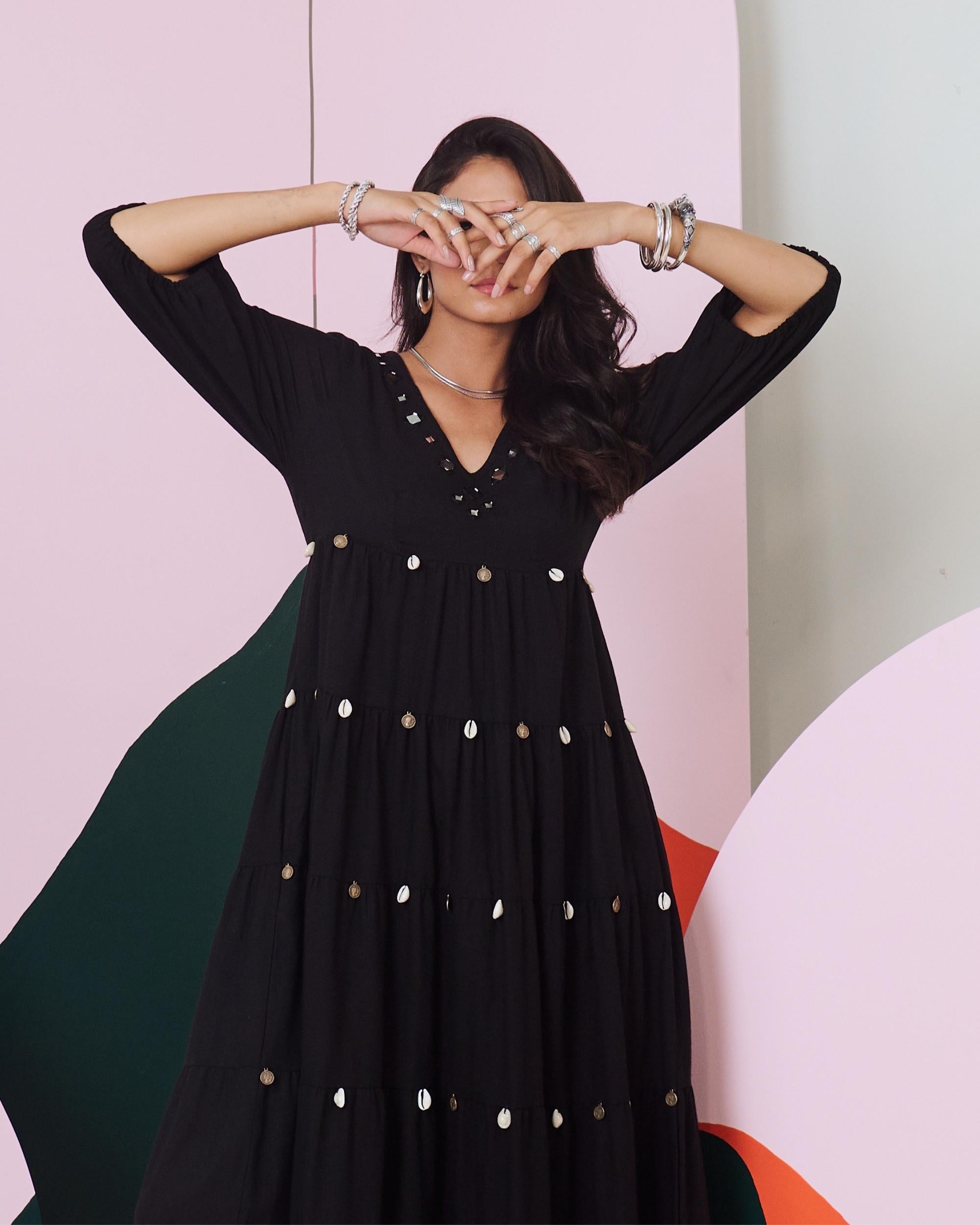 Piku Black Mirror Embroidered Tier Maxi Dress