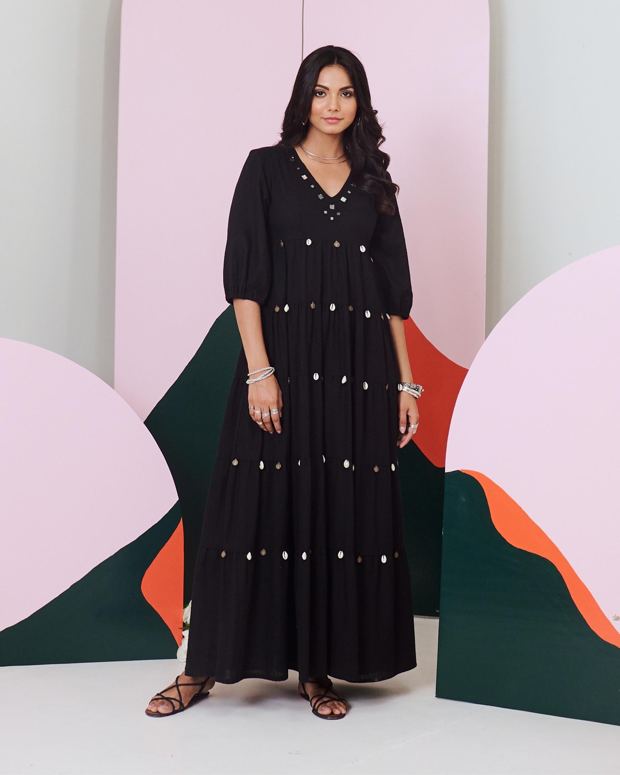 Piku Black Mirror Embroidered Tier Maxi Dress