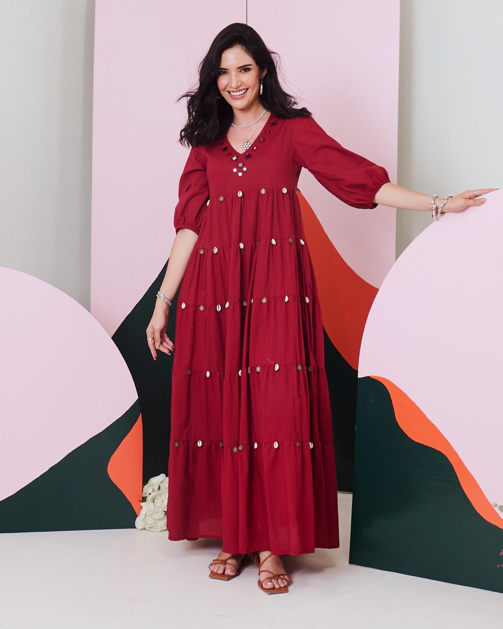 Piku Maroon Mirror Embroidered Tier Maxi Dress