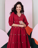 Load image into Gallery viewer, Piku Maroon Mirror Embroidered Tier Maxi Dress
