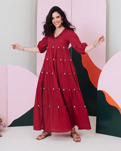 Piku Maroon Mirror Embroidered Tier Maxi Dress