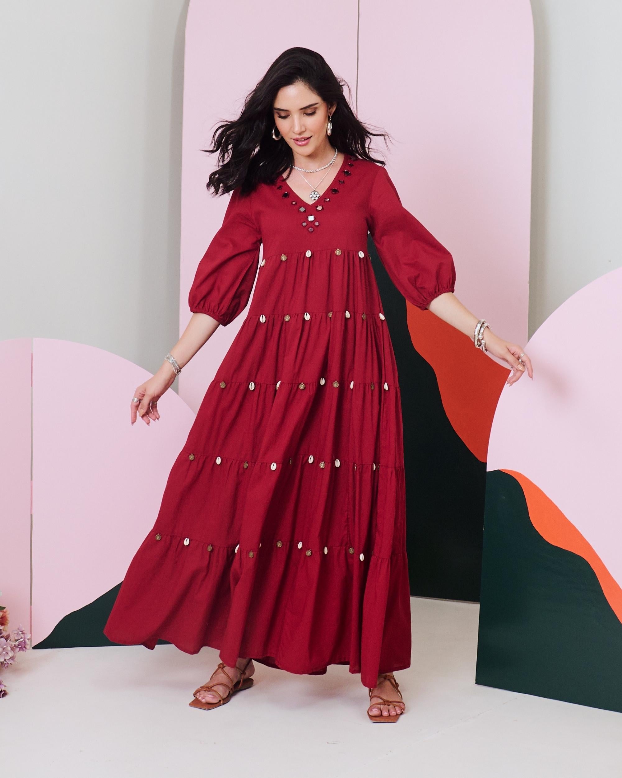 Piku Maroon Mirror Embroidered Tier Maxi Dress