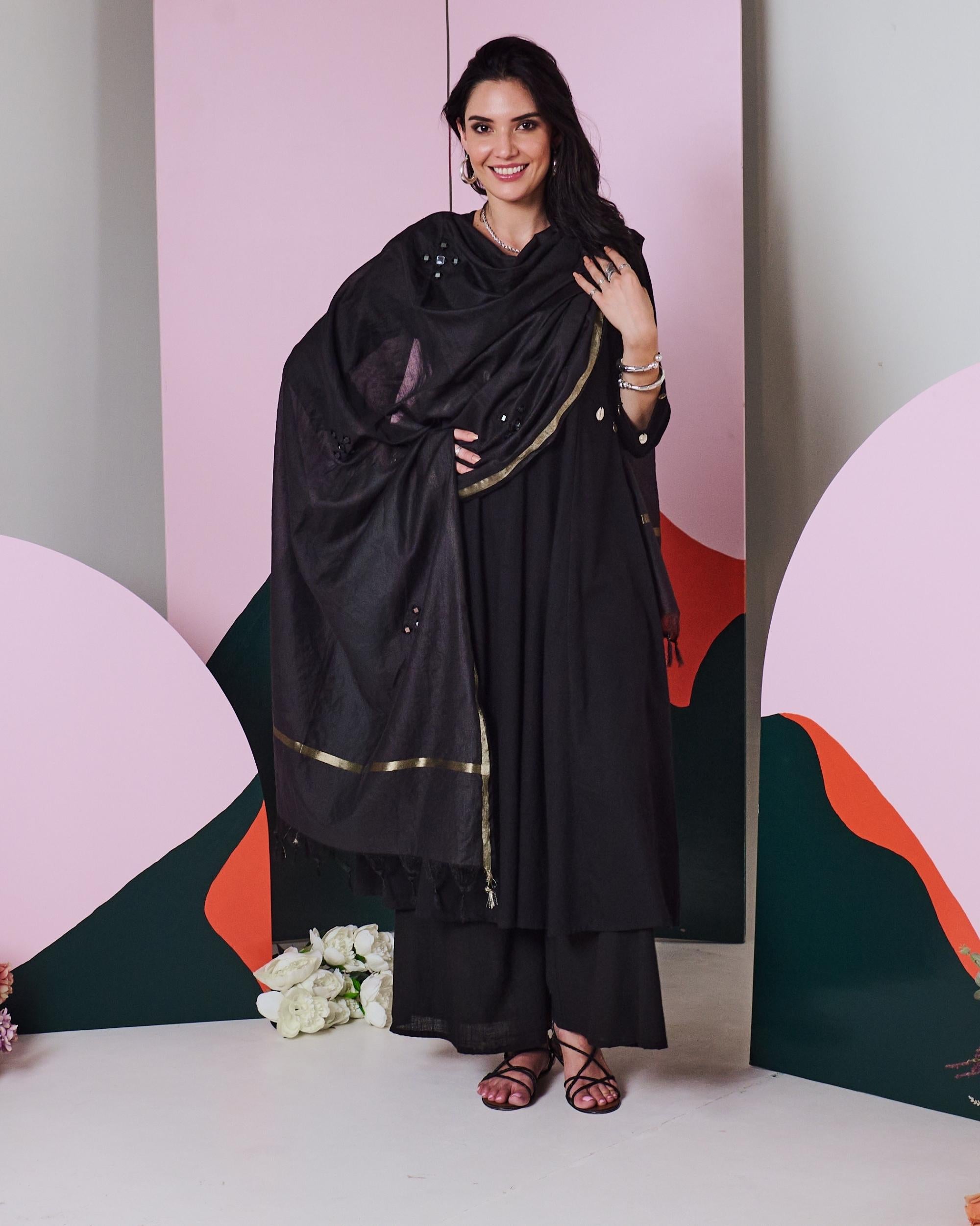 Ajuni Black Mirror Embroidered Kurta, Palazzo with Chanderi Dupatta (Set of 3)