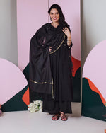 Load image into Gallery viewer, Ajuni Black Mirror Embroidered Kurta, Palazzo with Chanderi Dupatta (Set of 3)
