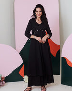 Load image into Gallery viewer, Ajuni Black Mirror Embroidered Kurta, Palazzo with Chanderi Dupatta (Set of 3)
