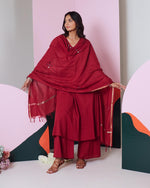 Load image into Gallery viewer, Ajuni Maroon Mirror Embroidered Kurta, Palazzo with Chanderi Dupatta (Set of 3)
