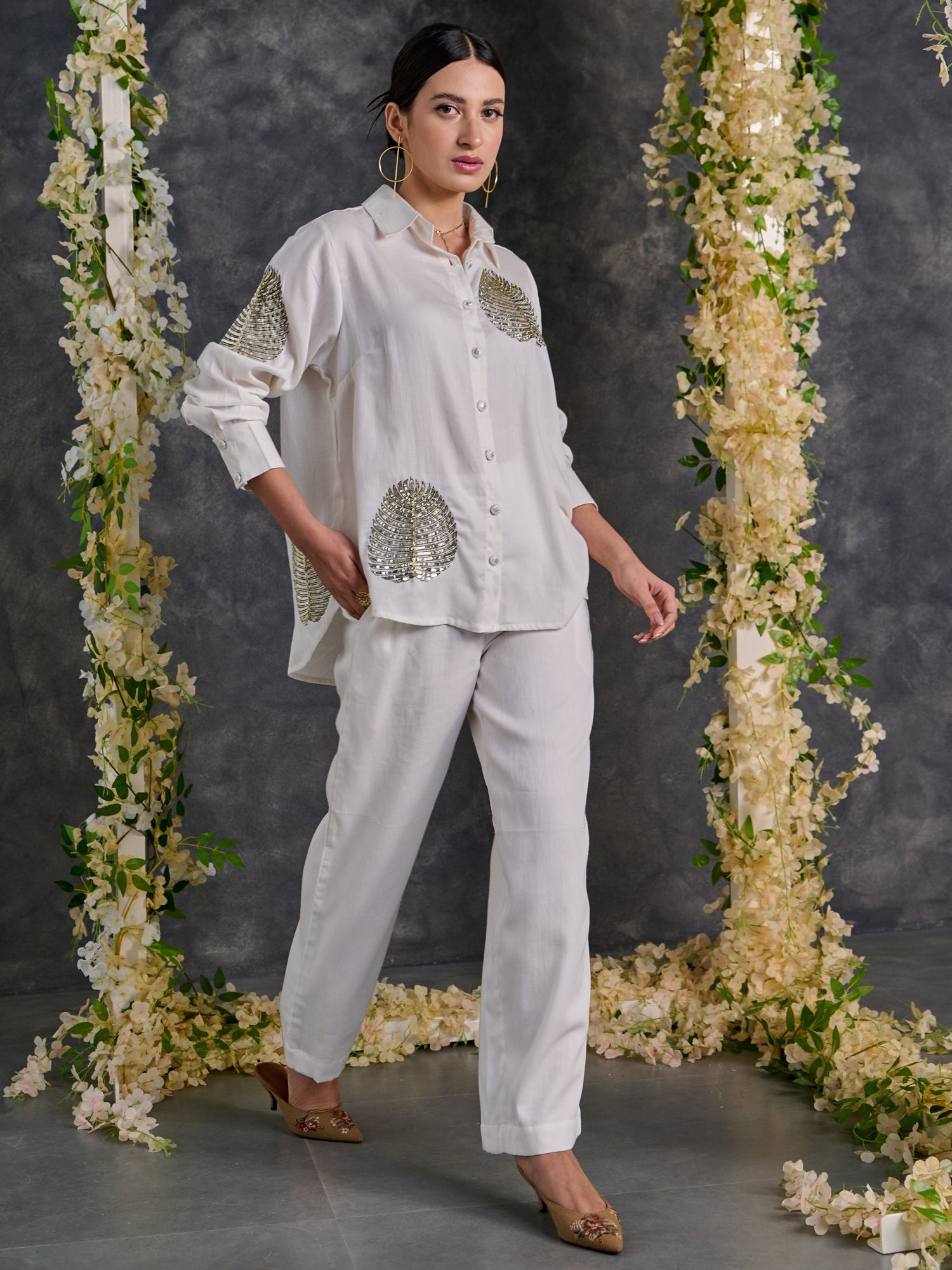 Diyu Sequin Embroidered White Co-Ord Set