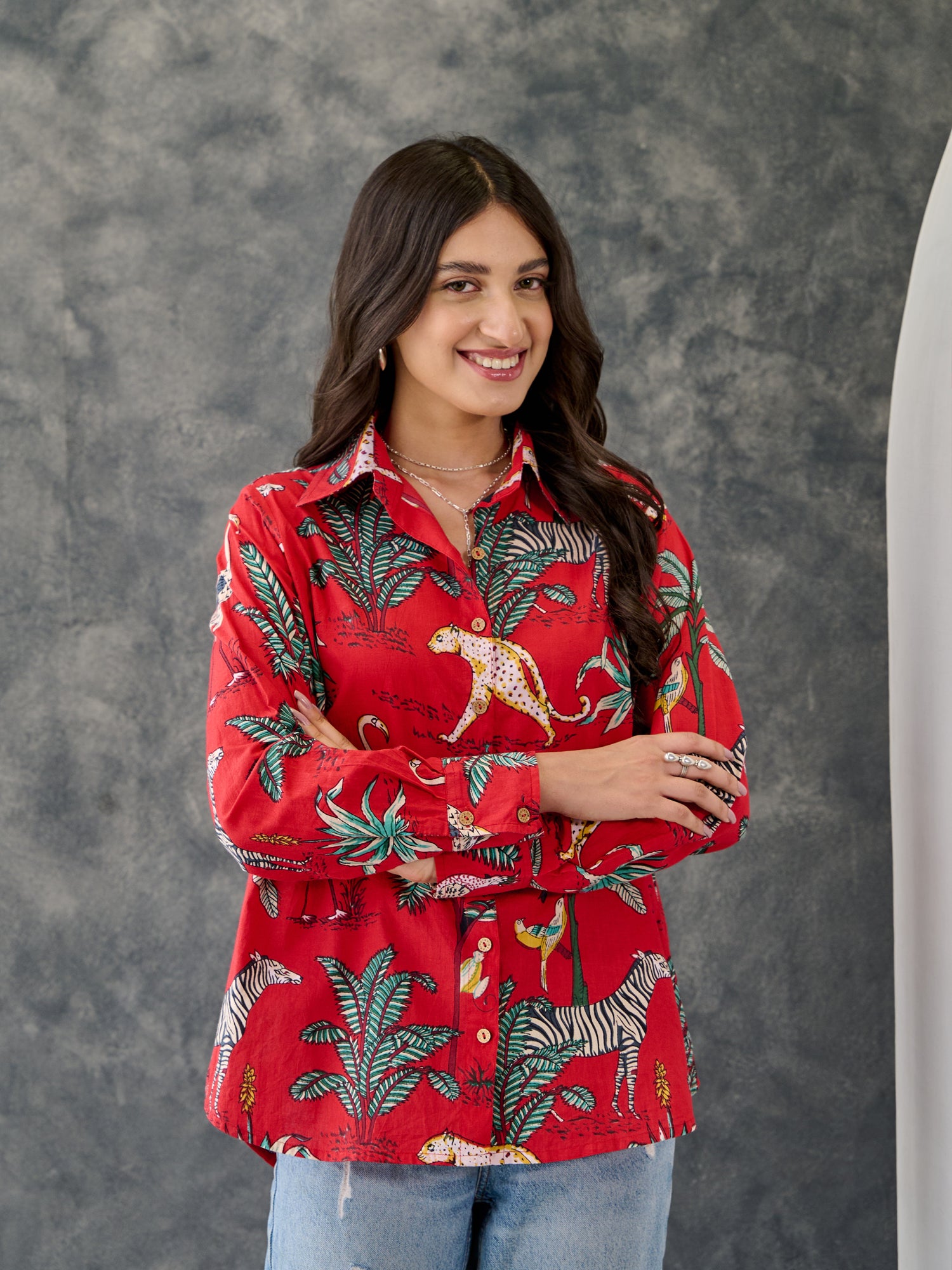 Red Tropical Jungle Print Shirt