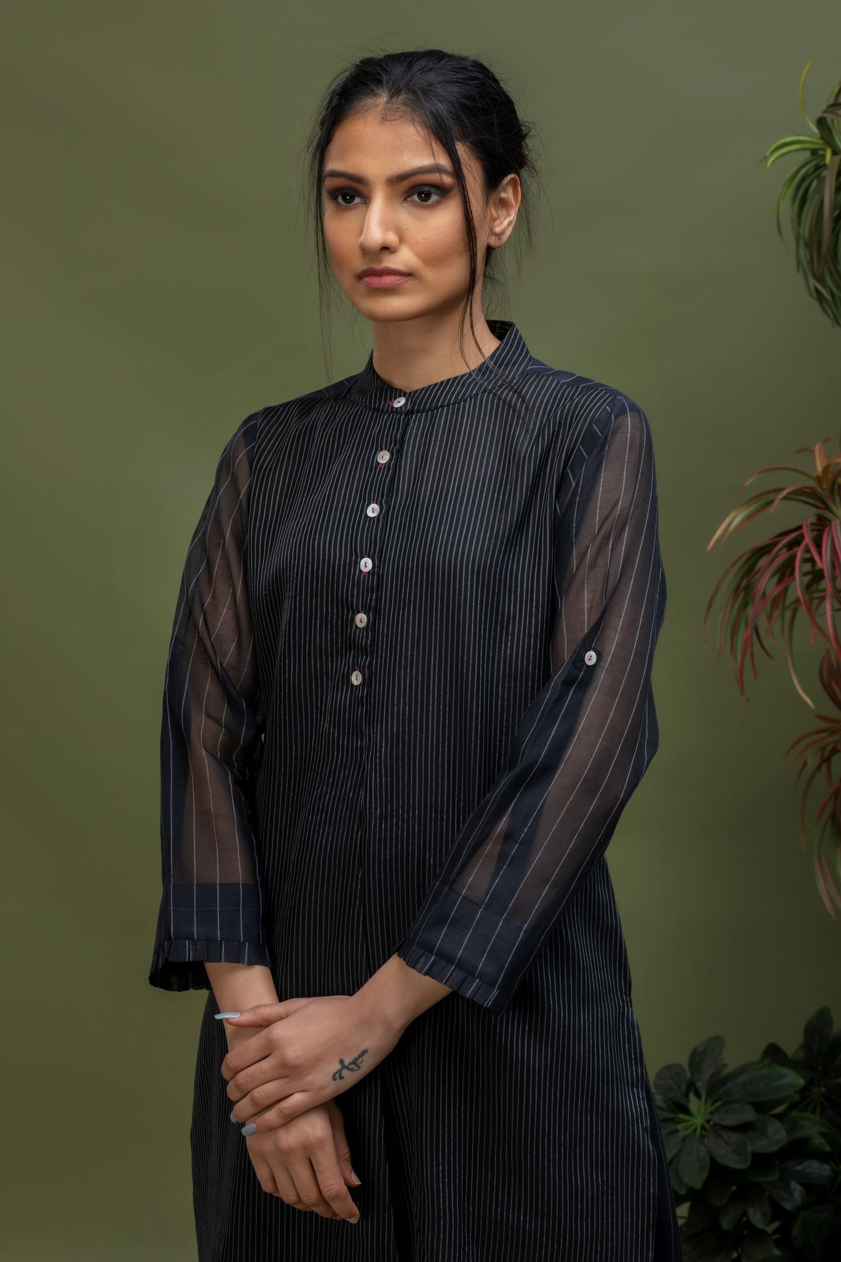 Handwoven Black Stripes Short Kurta