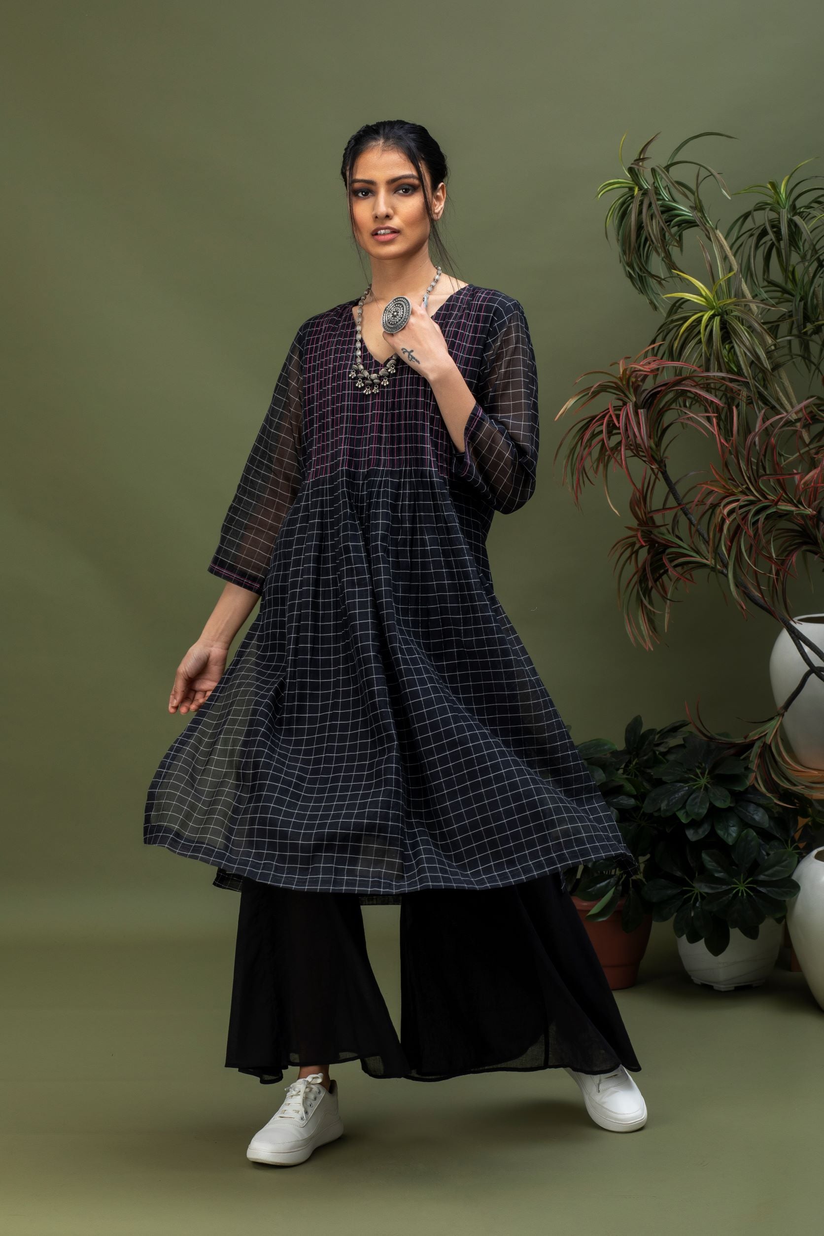 Handwoven Chanderi Checks Kurta with Box Pleats