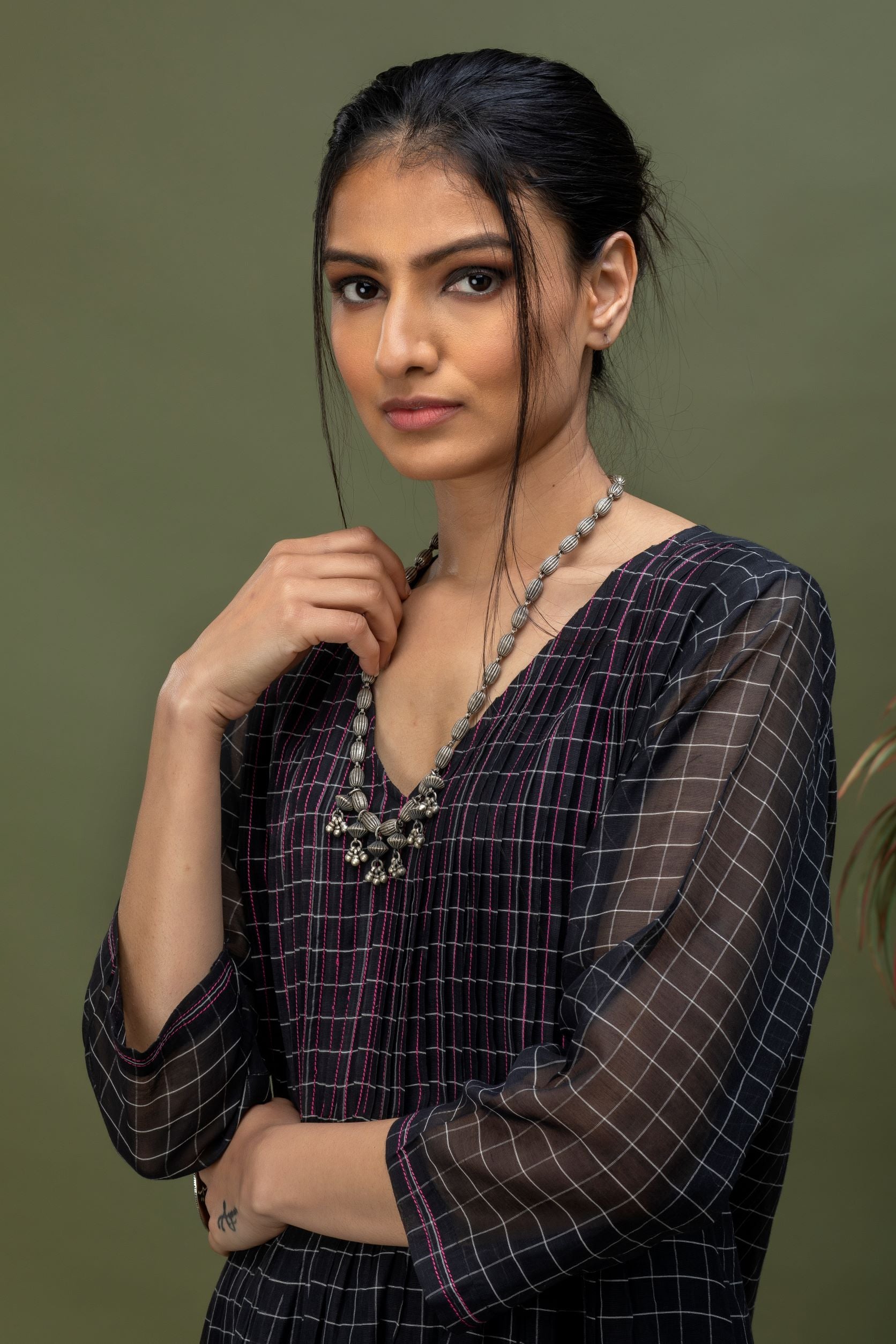 Handwoven Chanderi Checks Kurta with Box Pleats