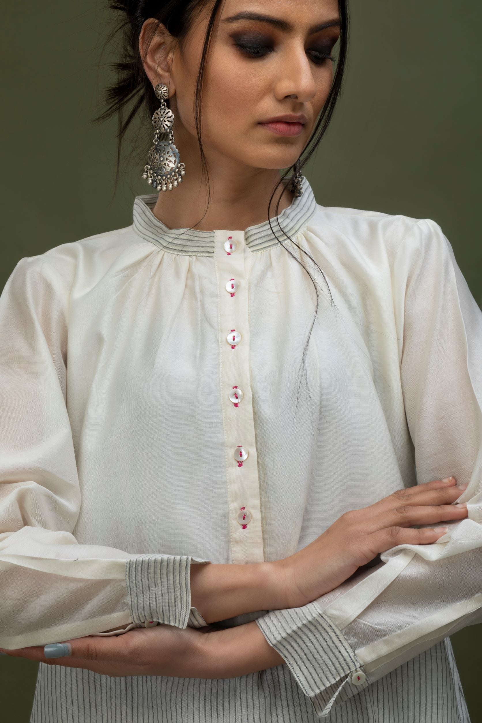 Chanderi Long Top with Handwoven Cotton Chanderi Stripes