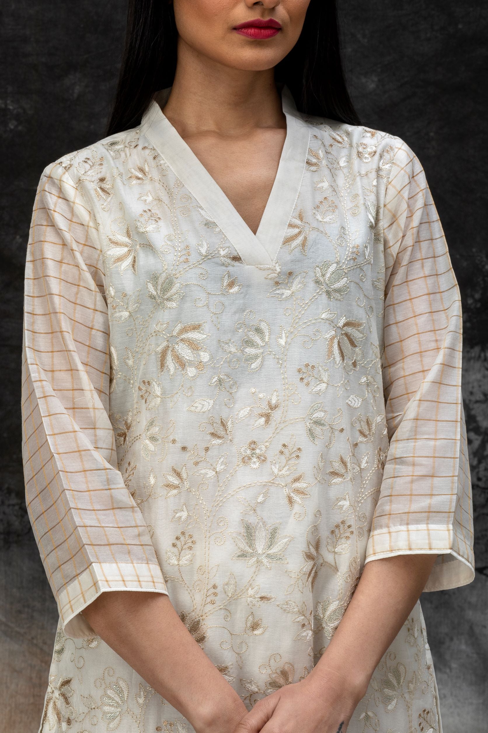 Chanderi embroidery V neck Kurta