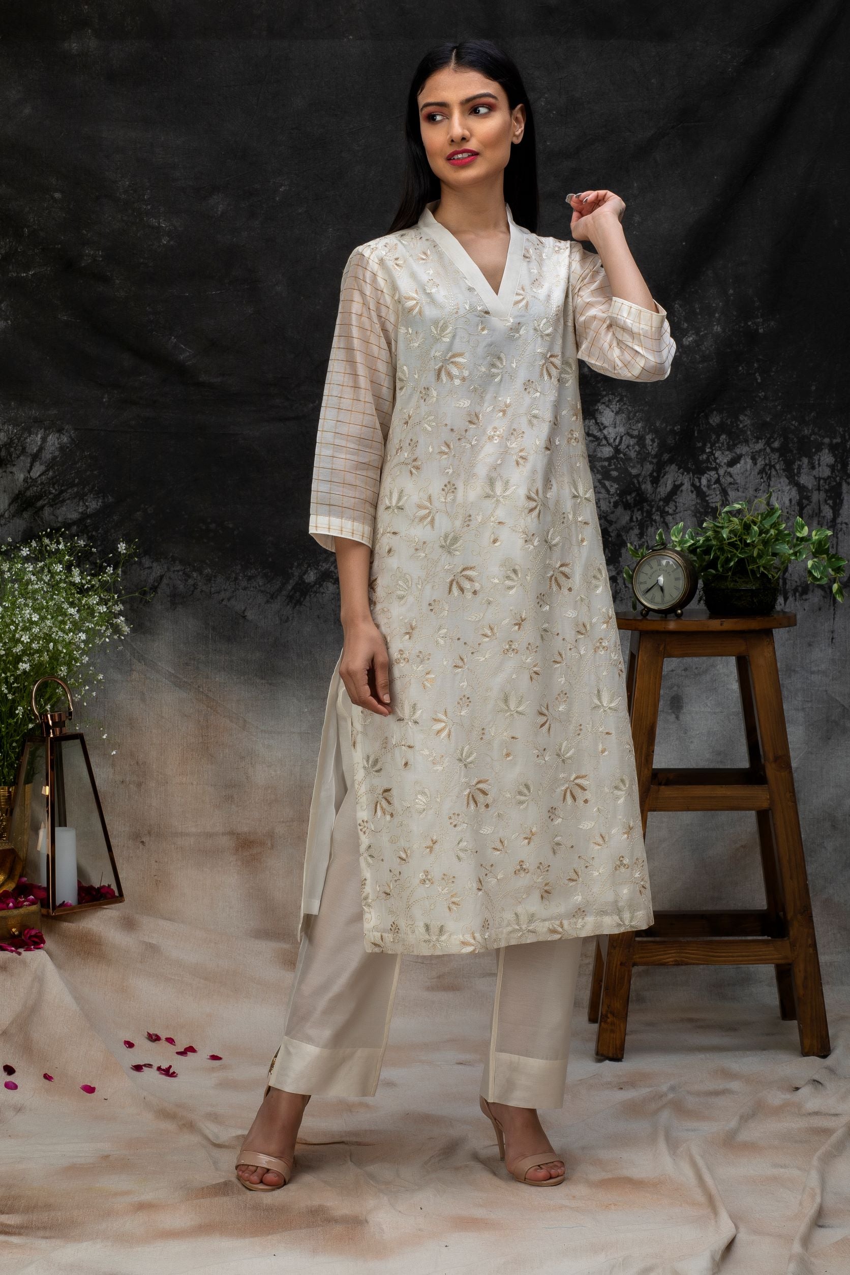 Chanderi embroidery V neck Kurta