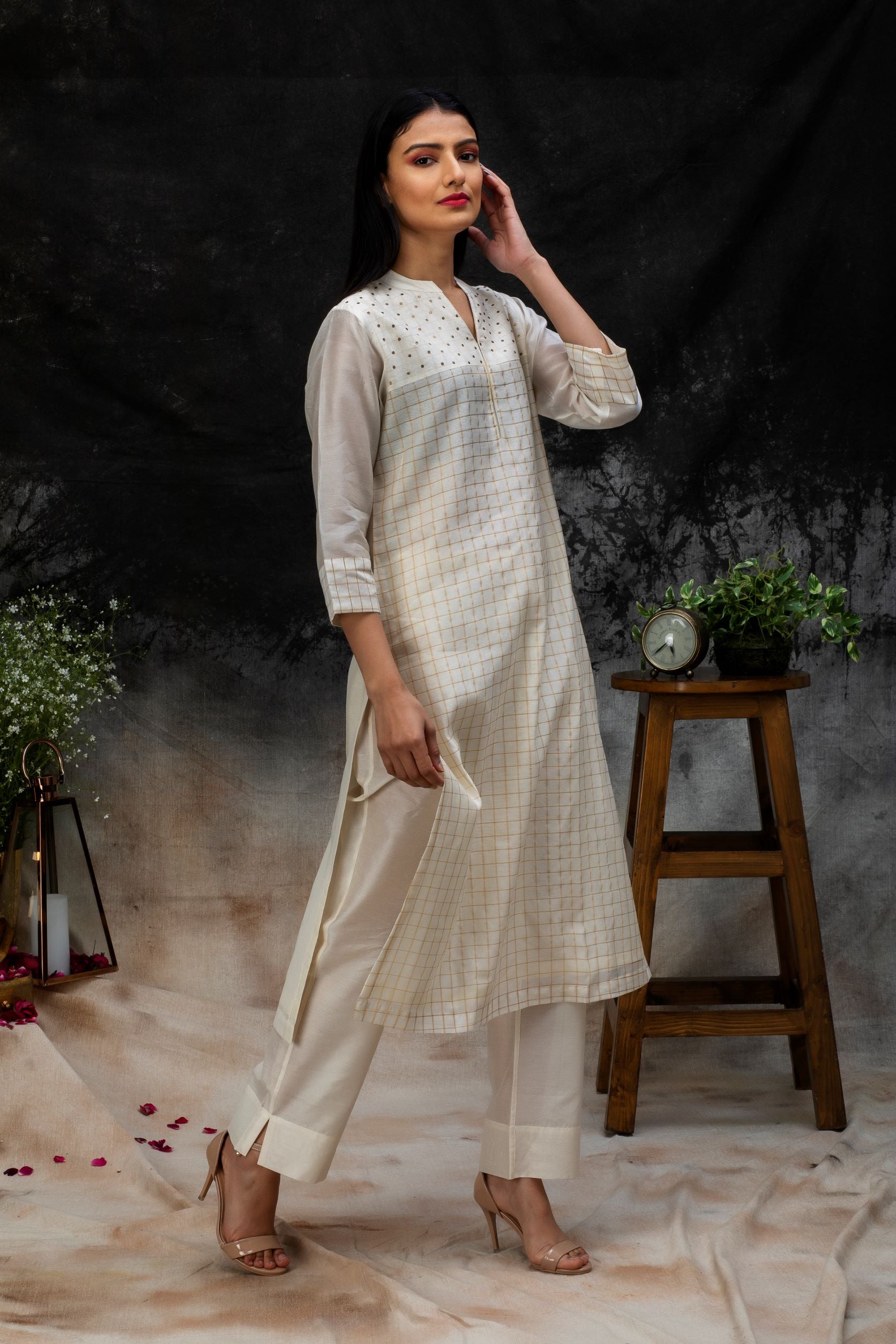 Handwoven Chanderi Checks Kurta with Hand Embroidery