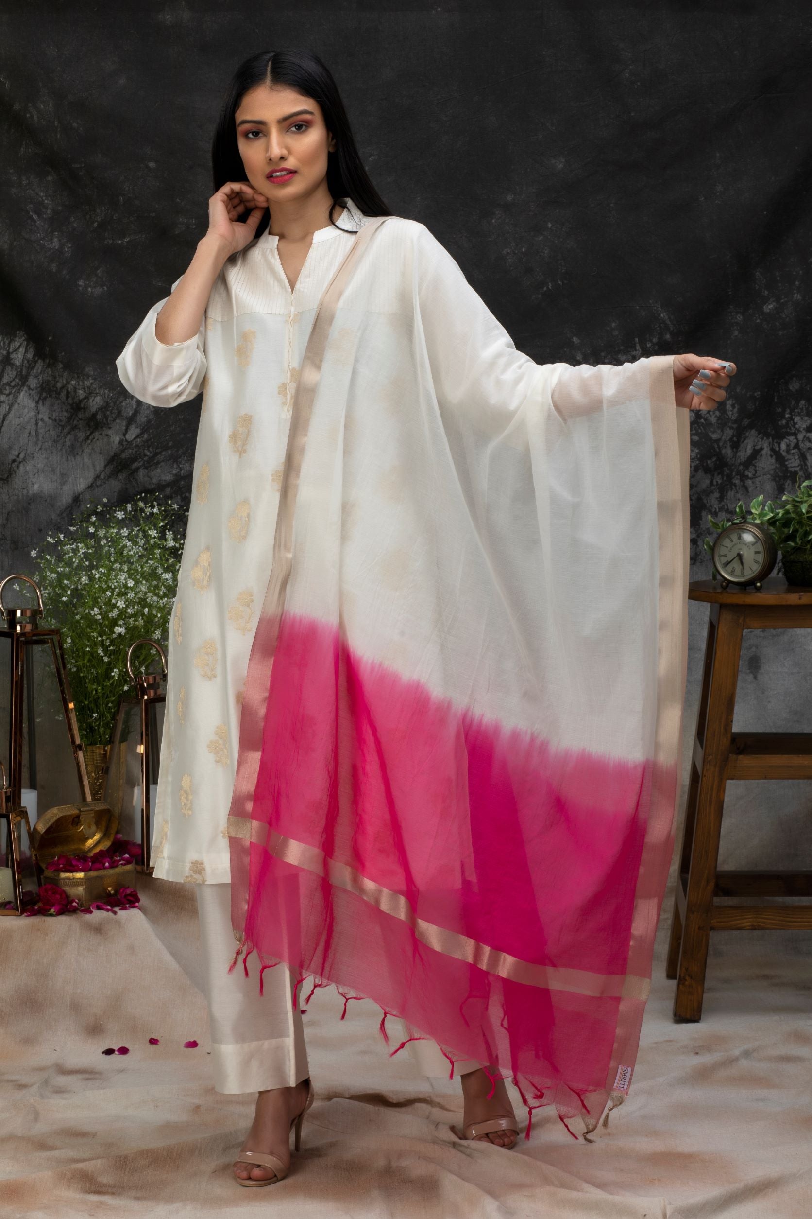 Handwoven Cotton Chanderi Shaded Dupatta with Zari Trims