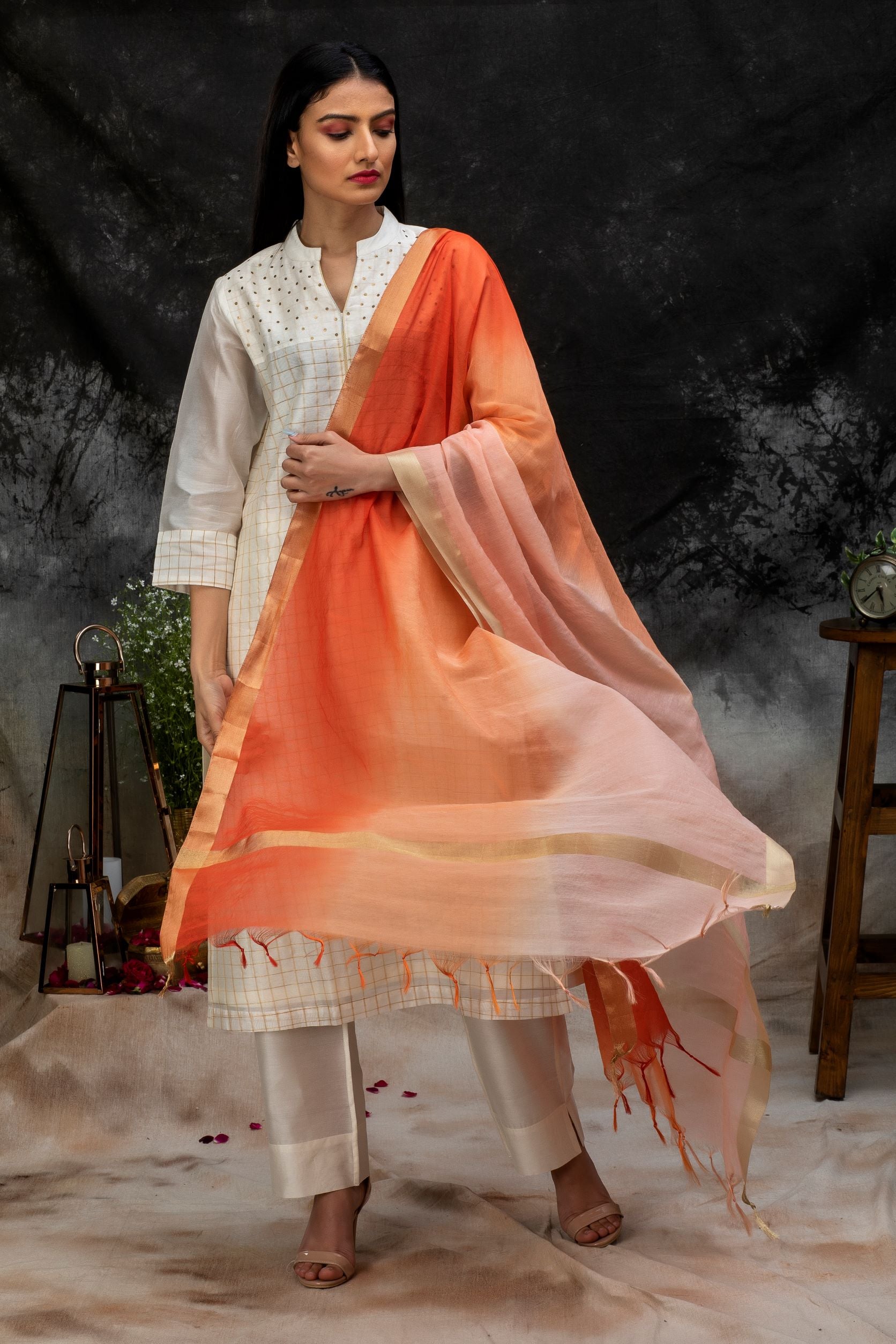 Handwoven Cotton Chanderi Shaded Dupatta with Zari Trims