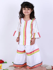 WHITE SHARARA SET WITH MULTICOLOUR STRIPES