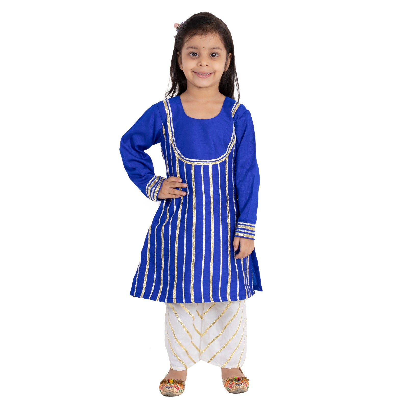 Royal Blue Gota Detailed A-Line Kurta with White Plalazzo