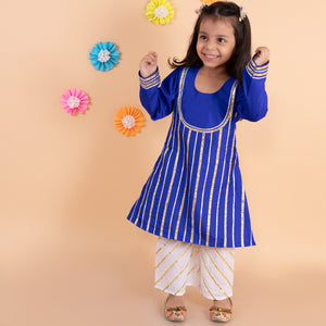 Royal Blue Gota Detailed A-Line Kurta with White Plalazzo