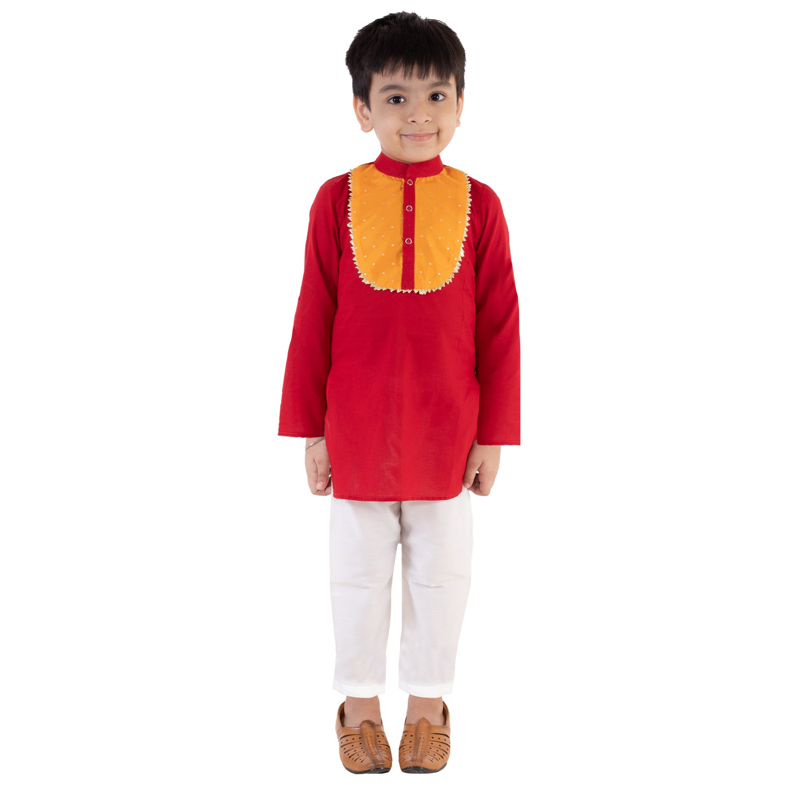 Red Cotton Kurta with White Pajama