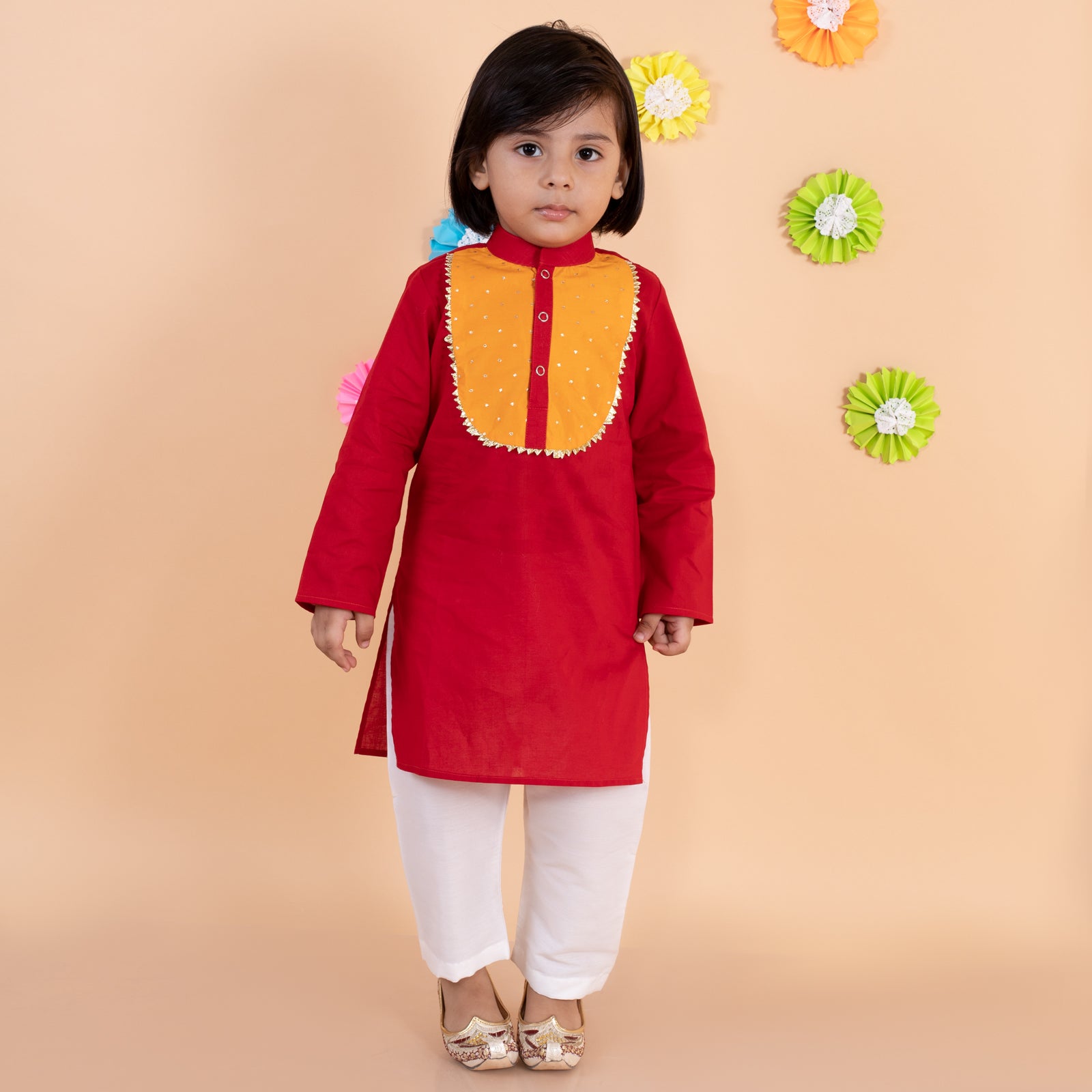 Red Cotton Kurta with White Pajama