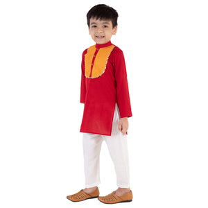 Red Cotton Kurta with White Pajama