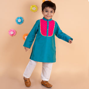 Blue Kurta set with pink patch