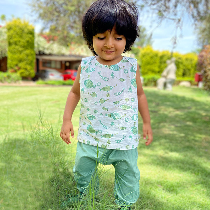 Organic Cotton Koi Mint Jhabla and Mint Pajama Pants Set