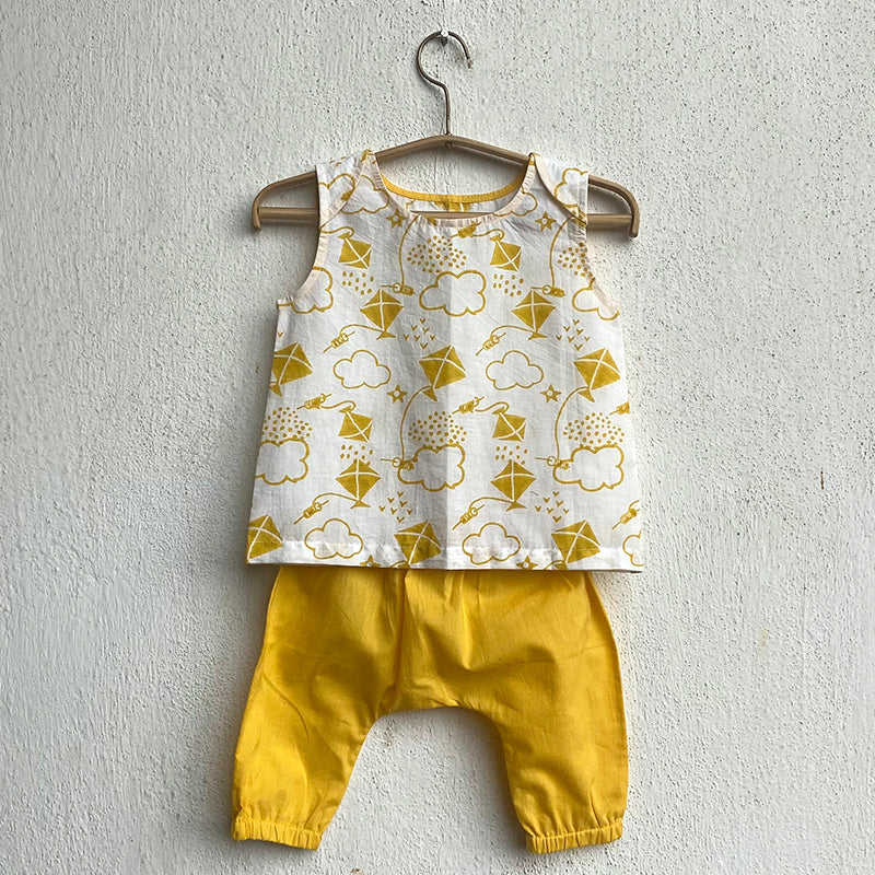 Organic Cotton Patang Yellow Jhabla and Yellow Pajama Pants Set