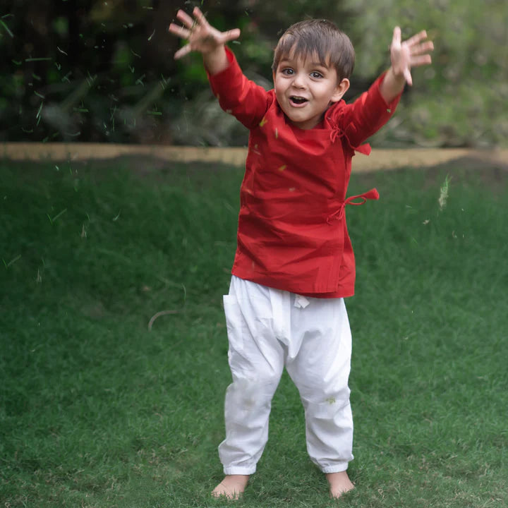 UNISEX ORGANIC RED ANGRAKHA & WHITE PANTS