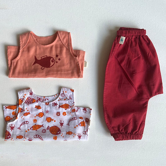 Organic Cotton Koi Jhabla Pajamaj Bag - Koi Red Jhabla + Peach Jhabla With Red Pants